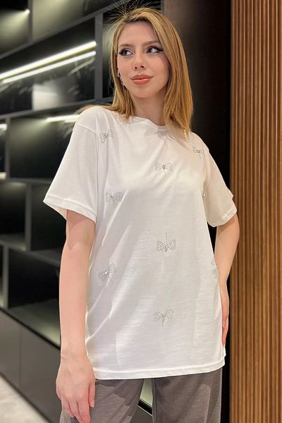 GÜLSELİ Γυναικείο T-Shirt Cream Bow Stoned Crew Neck