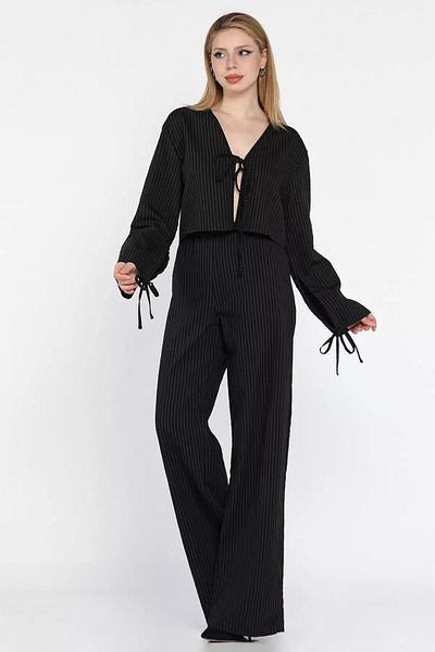 GÜLSELİ Black Women's Stripe Patterned Front Tie Blouse Trousers Set of Two