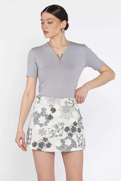GÜLSELİ Taşsiyah Women's Belt Detailed Patterned Linen Shorts Skirt