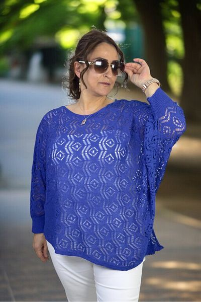 yagmurberen Crew Neck Asymmetrical Cut Openwork Single Pocket Italian Mercerized Large Size Blouse Sweater