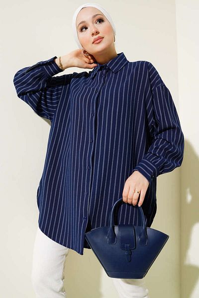 Kirazgym Vertical Striped Loose Shirt Navy Blue