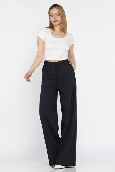 GÜLSELİ Navy Blue Elastic Waist Lace up Wide Leg Women's Trousers