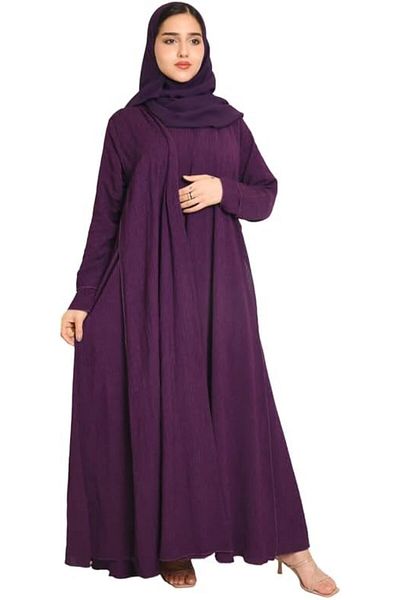 HAWRAA Quarter Klush Wrap Abaya in Purple with Striped Fabric and Dress Set