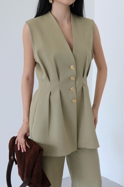 Ekim Store Gathered Buttoned Blazer Vest Jacket