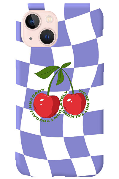 WANNA PROTECT iPhone 15 Lila İçi Kadife Dama Kiraz Desenli Silikon Telefon Kı...