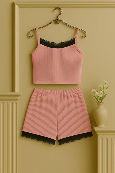 Stail Moda Kadın Takım Pembe Kaşkorse Alt Ve Üst Dantel Detaylı Sxsy Takım Şortlu Gecelik Takımı2025
