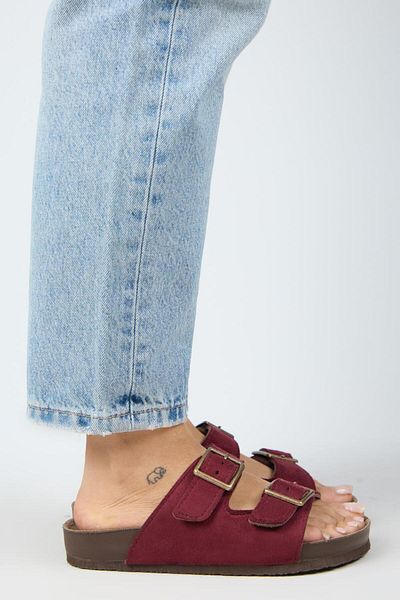 Manijero Vegan Violeta Women's Vegan Leather Vegan Leather Double Buckle Claret Red Slippers
