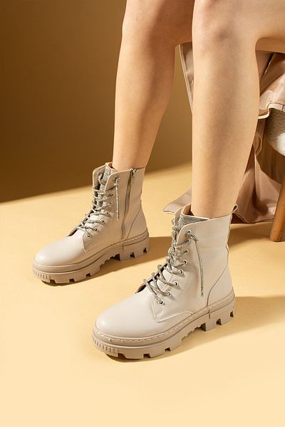 Pembe Potin Women's Cream Beige Poly Sole Stone Laced Daily Comfortable Molded Warm Lined Boots