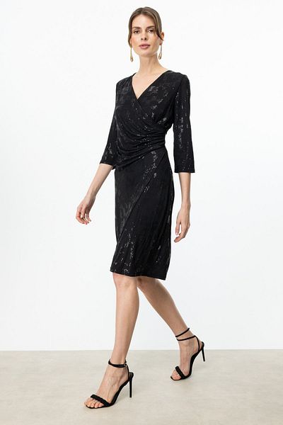 Ekol Sequin Embroidered Double Breasted Collar Dress