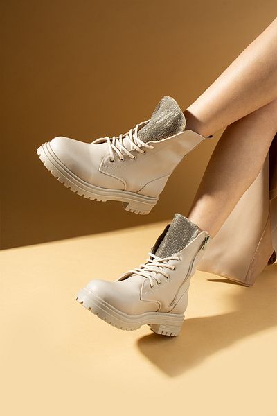 Pembe Potin Women's Cream Beige Poly Sole Stone Laced Daily Comfortable Molded Warm Lined Boots
