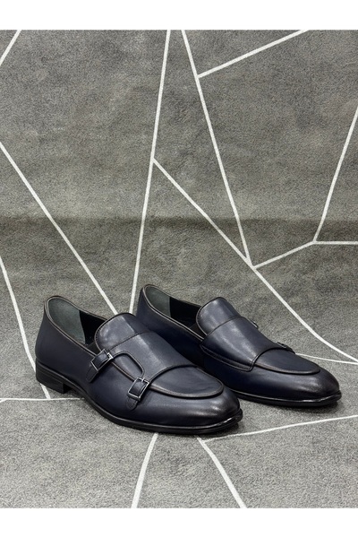 NYZ Navy Blue Genuine Leather Double Buckle Classic Shoes