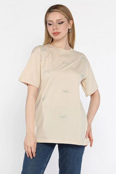 GÜLSELİ Γυναικείο T-Shirt με μπεζ φιόγκο και λαιμόκοψη