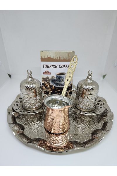 Carlito Coffee Set with Round Tray and Copper Coffee Pot (Silver)