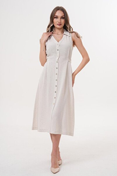 Flame İstanbul Butik Buttoned Long Linen Stone Dress - Mck5022
