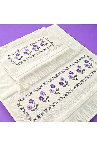 Sahra Çeyiz Nakış Special Design Cross Stitch Embroidered Velvet Etamine Dowry Set of 2 Towels