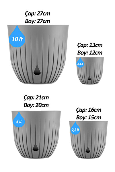 ToXA 4lü Çizgi Saksı Seti Tabaklı Delikli Plastik Çiçek Saksısı Set