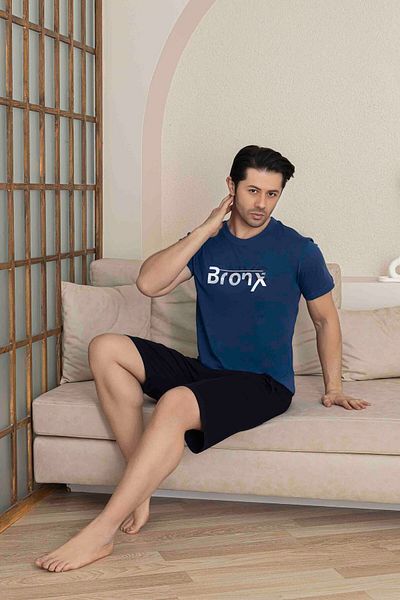 Tarık Men's Indigo Blue Short Sleeve Shorts Combed Cotton Pajama Set