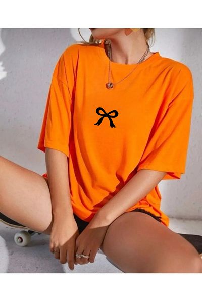 SAJA Women/Girls Ribbon Printed Oversize Low Sleeve Crew Neck T-Shirt