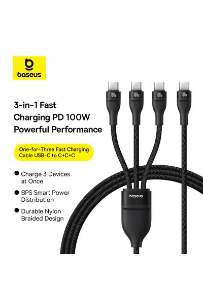 Baseus Flash Series 3 100W One-for-three Fast Charging Cable Type-C to C+C+C - 480Mbps