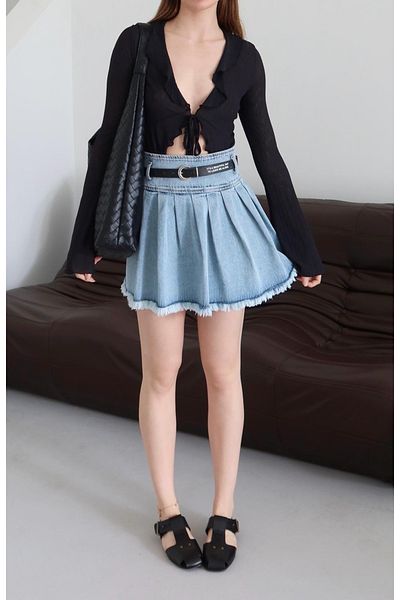 Ekim Store Fusta din denim plisată cu curea