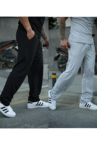 FİTGO Pantaloni de trening negru-gri, supradimensionați, cu croială lejeră, p...