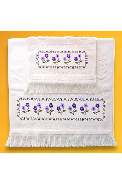 Sahra Çeyiz Nakış Special Design Cross Stitch Embroidered Velvet Etamine Dowry Set of 2 Towels