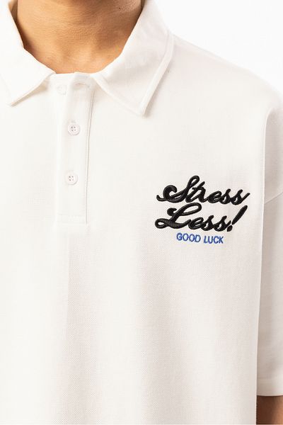 EGHO Breast Stress Less! Good Luck Embroidered Double Pike Fabric Men's Polo Neck Oversize T-Shirt