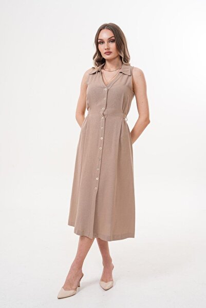 Flame İstanbul Butik Μακρύ λινό μπεζ φόρεμα με κουμπιά μπροστά - MCK5022
