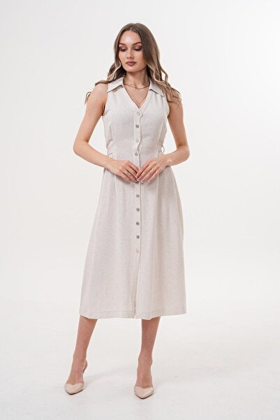 Flame İstanbul Butik Buttoned Long Linen Stone Dress - Mck5022