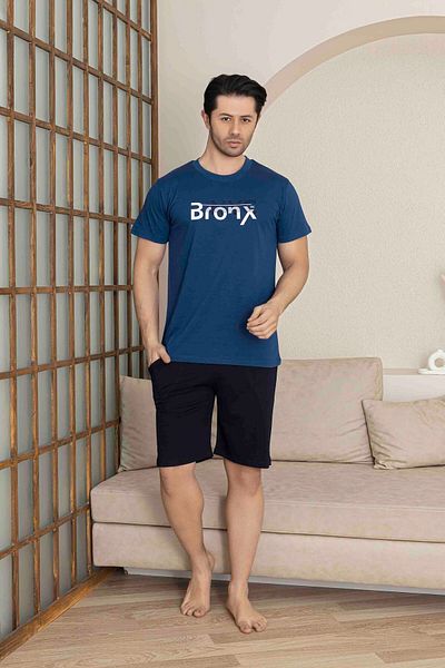 Tarık Men's Indigo Blue Short Sleeve Shorts Combed Cotton Pajama Set