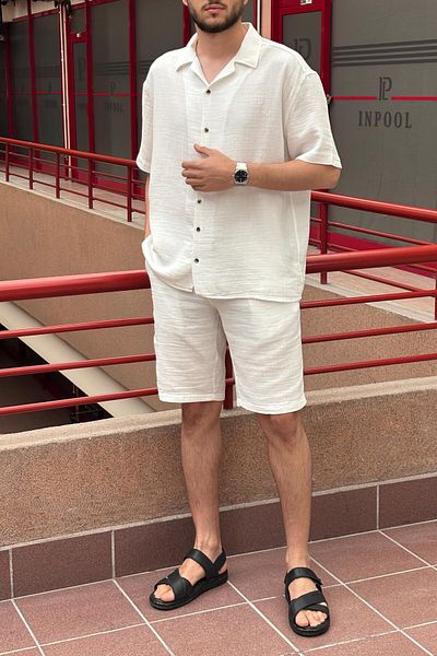 inpool Male, Apash Collar, Summer, 100% Cotton, Muslin Weaving, Top-Down Suit G14-303