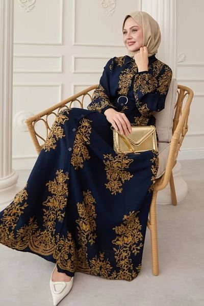 AZRA BUTİK Rochie cămașă cu model autentic bleumarin