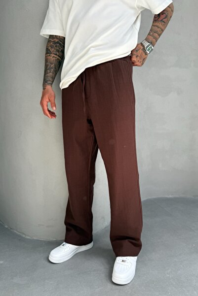 MADZEYMODA Ανδρικό λινό παντελόνι Brown Baggy Fit KE-7014