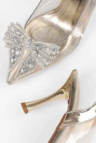 Shoeberry Women's Lumi Gold Transparent Thin Heeled Shoes