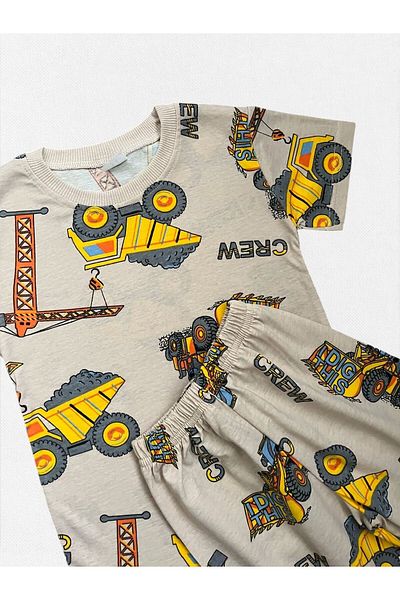 Fil Kids Boys' Cotton Beige Color Scoop Work Machines Patterned Short Sleeve Shorts Summer Pajama Suit