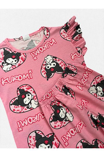 Fil Kids Girl's Cotton Pink Color Kuromi Heart Pattern Short Sleeve Ruffle Shorts Summer Pajama Suit