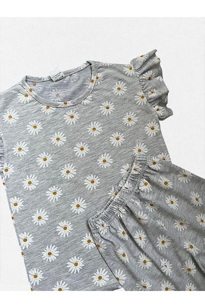 Fil Kids Girl's Cotton Gray Color Daisy Patterned Short Sleeve Ruffle Shorts Summer Pajama Set