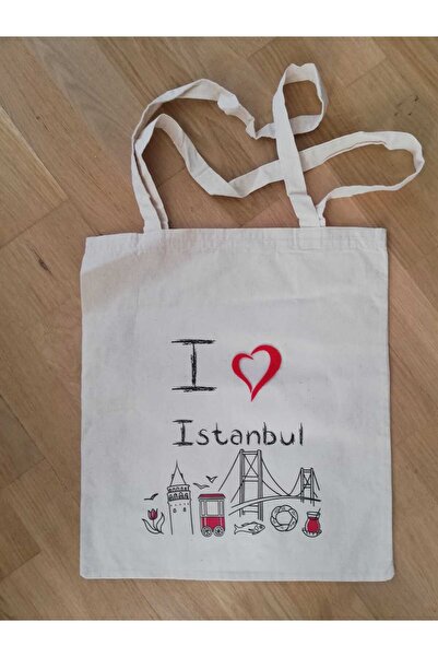 Keçevi İstanbul Temalı, Baskılı ve Keçe Kalp Objeli 35cmx40cm Bez Çanta