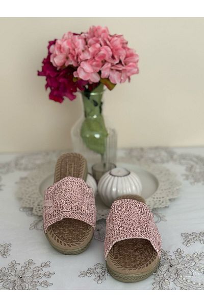 FivemodaSpor Women's Straw Slippers Closed Front Open Mesh Lace Knitwear Embroidery Detailed Stylish Summer Home Beach Vacation Slippers