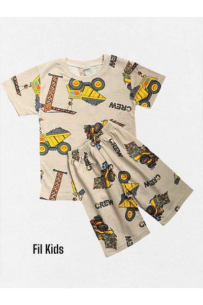Fil Kids Boys' Cotton Beige Color Scoop Work Machines Patterned Short Sleeve Shorts Summer Pajama Suit