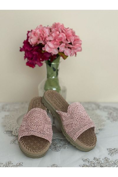 FivemodaSpor Women's Straw Slippers Closed Front Open Mesh Lace Knitwear Embroidery Detailed Stylish Summer Home Beach Vacation Slippers