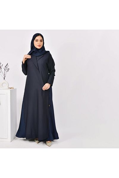 HAWRAA Blazer Abaya in Navy Blue with Light Navy Inserts and Pleats