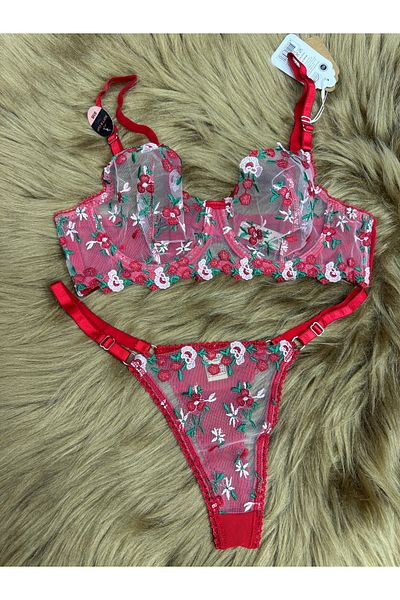 SATTENS Floral Pattern Luxury Lace Brodeled Bralet Set (Bra and Thong) Underwire Lingerie Set