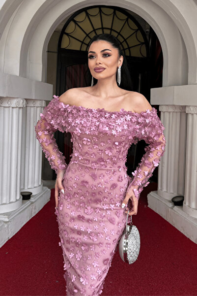 giyimmasalı Üç Boyut Çiçekli Kumaş Kayık Yaka Kalem Elbise - PUDRA