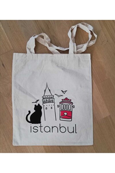 Keçevi İstanbul Temalı, Baskılı ve Keçe Kedi Objeli 35cmx40cm Bez Çanta