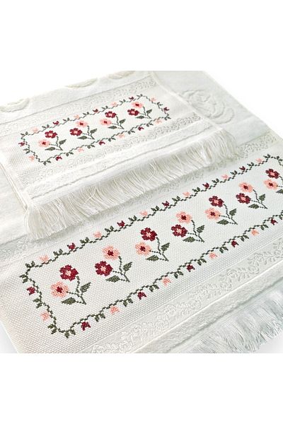 Sahra Çeyiz Nakış Special Design Cross Stitch Embroidered Velvet Etamine Dowry Set of 2 Towels
