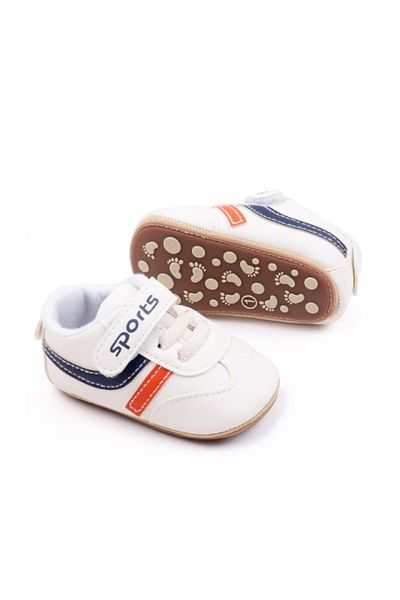 Superbaby Adidasi bebelusi, albi cu detalii albastre si portocalii