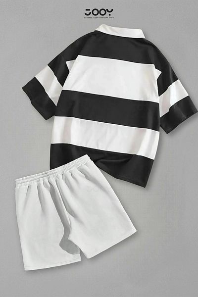 Jooy Set of 2 Striped Half Zipper T-Shirt White Shorts Set