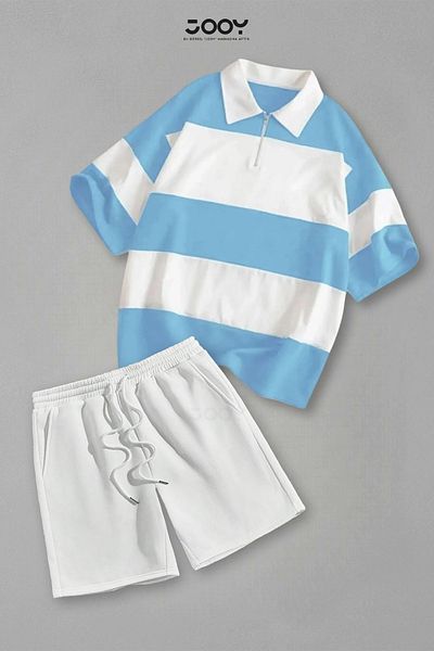 Jooy Set of 2 Striped Half Zipper T-Shirt White Shorts Set