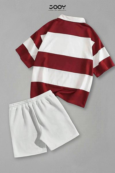 Jooy Set of 2 Striped Half Zipper T-Shirt White Shorts Set